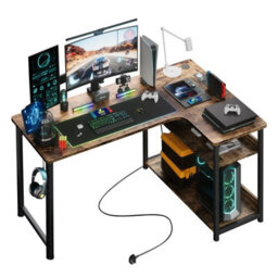 Gtplayer L Shaped Gaming Desk, 110X80Cm Power Outlets Corner Computer Desk With Shelves, Headphone Hook For Home Office, Brown