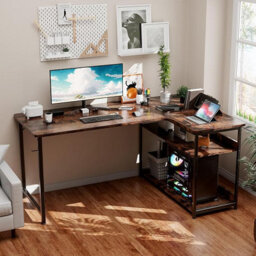 Comhoma L Shaped Gaming Desk, 110X80Cm Power Outlets Corner Computer Desk With Shelves, Headphone Hook For Home Office, Brown - thumbnail 5