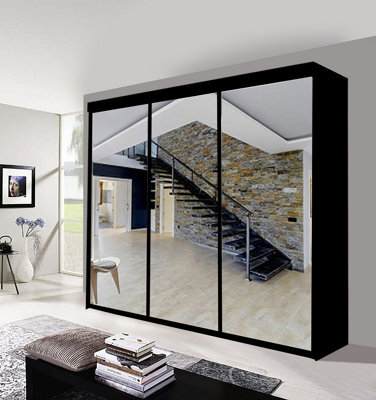 Milan Sliding Mirror Door Wardrobe With Hanging Rails & Shelves ( Black , 250 Cm ) - image 1