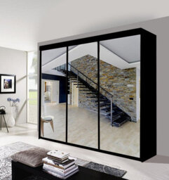Milan Sliding Mirror Door Wardrobe With Hanging Rails & Shelves ( Black , 250 Cm ) - thumbnail 1