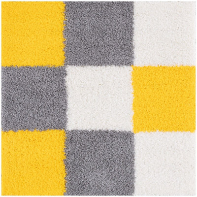 The Rugs Yellow Grey And Ivory Soft Checkerboard Design Fluffy Shaggy Rugs And Runners High Pile Living Room Kitchen Hallway 381 - image 1