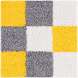 The Rugs Yellow Grey And Ivory Soft Checkerboard Design Fluffy Shaggy Rugs And Runners High Pile Living Room Kitchen Hallway 381 - thumbnail 1
