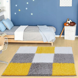 The Rugs Yellow Grey And Ivory Soft Checkerboard Design Fluffy Shaggy Rugs And Runners High Pile Living Room Kitchen Hallway 381 - thumbnail 2