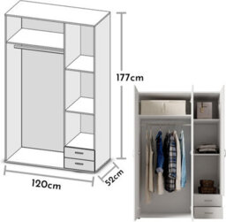 Arte Elegant Stella Trading Base Hinged Door Wardrobe W1210mm H1760mm D510mm - White Matt, Ample Storage, Versatile Design - thumbnail 3