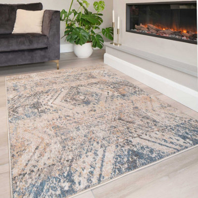 Loomed Blue Beige Distressed Diamond Soft Living Area Rug 120X170Cm - image 1