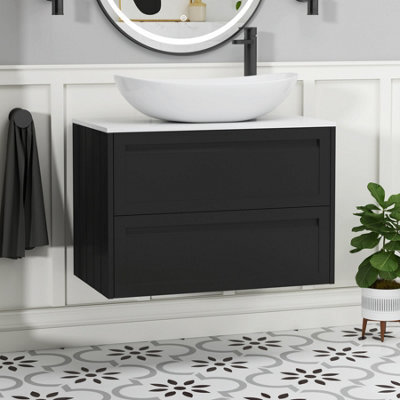 Royal Bathrooms Royal Bathroom Elmore 800mm Matt Nocturne Black Wall Mounted Bathroom Vanity Unit 2 Drawer Plain White Worktop With Cesar Basin - image 1