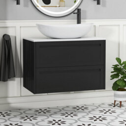 Royal Bathrooms Royal Bathroom Elmore 800mm Matt Nocturne Black Wall Mounted Bathroom Vanity Unit 2 Drawer Plain White Worktop With Cesar Basin - thumbnail 1