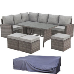 Evre 9 Seat Marylin Corner Sofa & Dining Rattan Furniture Set For Indoor Outdoor Patios Grey With Cover - thumbnail 1