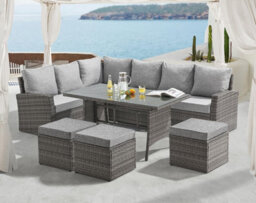 Evre 9 Seat Marylin Corner Sofa & Dining Rattan Furniture Set For Indoor Outdoor Patios Grey With Cover - thumbnail 3