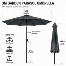 Shopnbits 3M Garden Parasol Sun Shade Canopy Patio Large Outdoor Umbrella Crank Tilt Uv Resistant Dark Grey - thumbnail 2