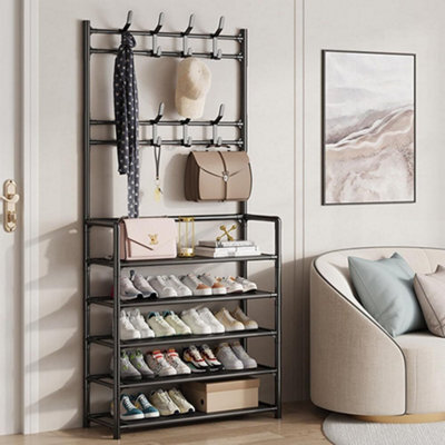Black Metal Coat & Shoe Rack With 8 Hooks & 5 Tiers - Hallway Organiser - image 1