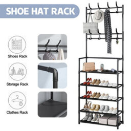 Black Metal Coat & Shoe Rack With 8 Hooks & 5 Tiers - Hallway Organiser - thumbnail 9