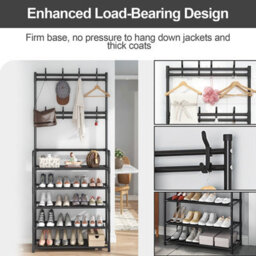 Black Metal Coat & Shoe Rack With 8 Hooks & 5 Tiers - Hallway Organiser - thumbnail 4