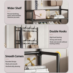 Black Metal Coat & Shoe Rack With 8 Hooks & 5 Tiers - Hallway Organiser - thumbnail 2