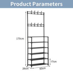 Black Metal Coat & Shoe Rack With 8 Hooks & 5 Tiers - Hallway Organiser - thumbnail 7