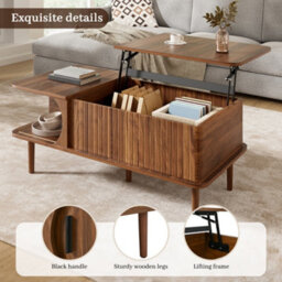 Btm Modern Retro Coffee Table With Lift Top Walnut Finish Sliding Door Vertical Fluting Wooden Legs Living Room Table - thumbnail 4