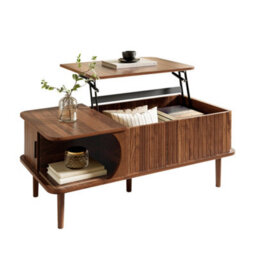 Btm Modern Retro Coffee Table With Lift Top Walnut Finish Sliding Door Vertical Fluting Wooden Legs Living Room Table - thumbnail 1