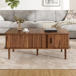 Btm Modern Retro Coffee Table With Lift Top Walnut Finish Sliding Door Vertical Fluting Wooden Legs Living Room Table - thumbnail 7