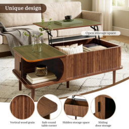 Btm Modern Retro Coffee Table With Lift Top Walnut Finish Sliding Door Vertical Fluting Wooden Legs Living Room Table - thumbnail 6