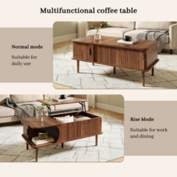 Btm Modern Retro Coffee Table With Lift Top Walnut Finish Sliding Door Vertical Fluting Wooden Legs Living Room Table - thumbnail 3