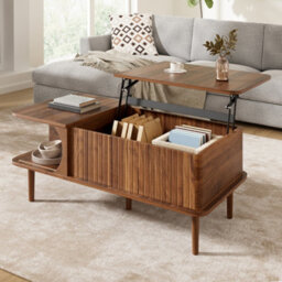 Btm Modern Retro Coffee Table With Lift Top Walnut Finish Sliding Door Vertical Fluting Wooden Legs Living Room Table - thumbnail 2