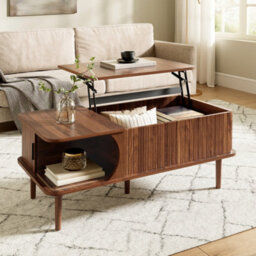Btm Modern Retro Coffee Table With Lift Top Walnut Finish Sliding Door Vertical Fluting Wooden Legs Living Room Table - thumbnail 9