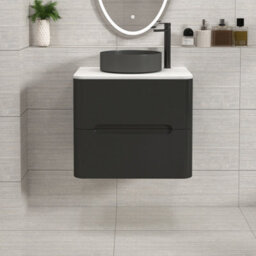 Royal Bathrooms Venice 600mm Matt Nocturne Black Wall Mounted Bathroom Countertop Vanity Unit 2 Drawer With Art Round Basin - thumbnail 1