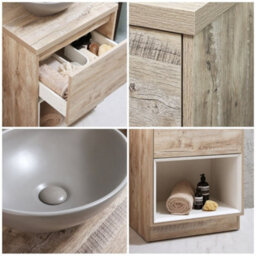 Homestylestore Light Oak 600mm Bathroom Vanity Unit Oval Pebble Countertop Basin Open Shelf - thumbnail 2