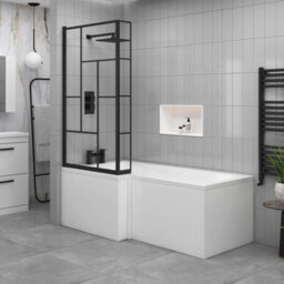 Royal Bathrooms Qubix 1600 X 850mm Acrylic Left Hand L-Shaped Shower Bathtub With Front Panel & Matt Black Abstract Grid Framed Screen - thumbnail 3