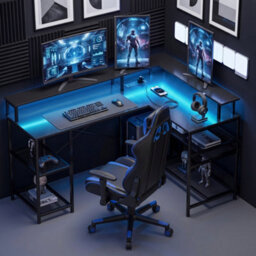 Homcom L Shaped Gaming Desk W/ Led Lights And Power Outlets, Black
