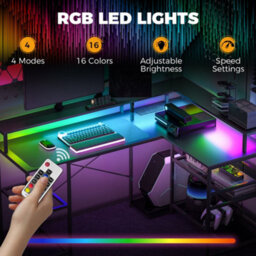 Homcom L Shaped Gaming Desk W/ Led Lights And Power Outlets, Black - thumbnail 4