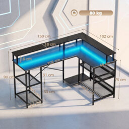 Homcom L Shaped Gaming Desk W/ Led Lights And Power Outlets, Black - thumbnail 3