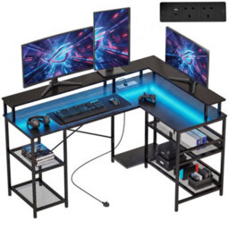 Homcom L Shaped Gaming Desk W/ Led Lights And Power Outlets, Black - thumbnail 2