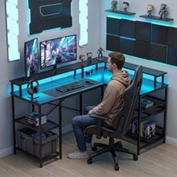Homcom L Shaped Gaming Desk W/ Led Lights And Power Outlets, Black - thumbnail 9