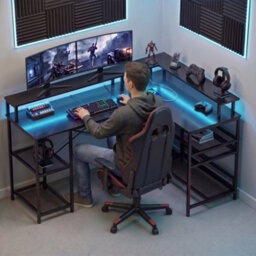 Homcom L Shaped Gaming Desk W/ Led Lights And Power Outlets, Black - thumbnail 8
