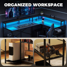 Homcom L Shaped Gaming Desk W/ Led Lights And Power Outlets, Black - thumbnail 7