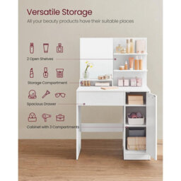 Songmics Dressing Table With Mirror, Storage Compartment, 1 Drawer, 2 Shelves, White Rdt119W01 - thumbnail 4