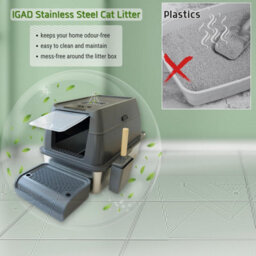 Igad Xxl Stainless Steel Cat Litter Box, High Sides, Non-Stick, Easy Clean, Odour Control, Removable Lid And Scoop, Grey - thumbnail 2