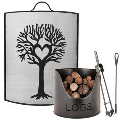 Dibor Traditional Stag Fire Screen Fireguard H68Cm X W53Cm With Country Logs Bucket With Poker And Tongs - image 1