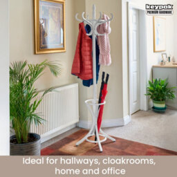 Keypak Coat Stand With Umbrella Holder 185Cm, 12 Hooks, Wooden Freestanding Coat Rack For Hallway, Rotating Top Tier, White - thumbnail 4
