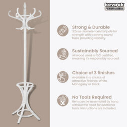 Keypak Coat Stand With Umbrella Holder 185Cm, 12 Hooks, Wooden Freestanding Coat Rack For Hallway, Rotating Top Tier, White - thumbnail 2