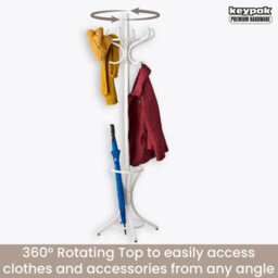 Keypak Coat Stand With Umbrella Holder 185Cm, 12 Hooks, Wooden Freestanding Coat Rack For Hallway, Rotating Top Tier, White - thumbnail 5