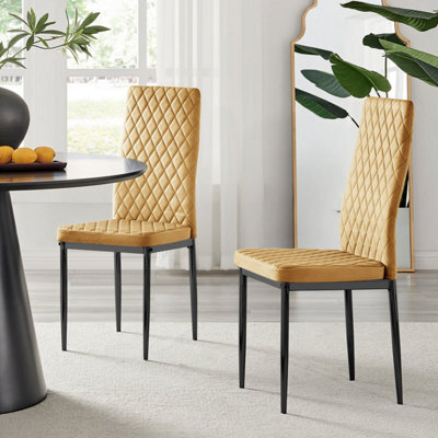 Furniturebox Uk 4X Milan Mustard Yellow Hatched Velvet Dining Chairs Black Legs - image 1