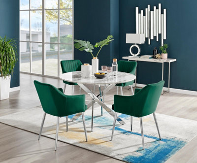Furniturebox Uk Novara White Marble 120Cm Round Dining Table & 4 Green Calla Silver Leg Chairs - image 1