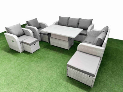 Fimous Pe Rattan Garden Furniture Set Reclining Chair Sofa Set Adjustable Lifting Dining Or Coffee Table 3 Stools Light Grey - image 1