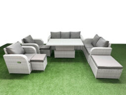 Fimous Pe Rattan Garden Furniture Set Reclining Chair Sofa Set Adjustable Lifting Dining Or Coffee Table 3 Stools Light Grey - thumbnail 2