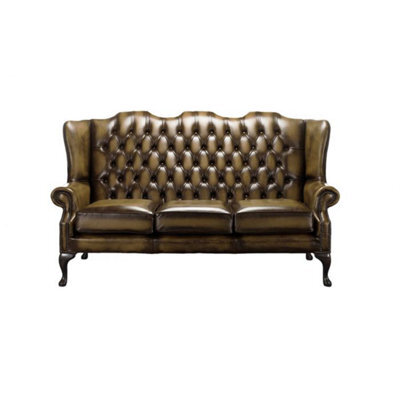 Chesterfield 3 Seater High Back Antique Gold Leather Sofa In Mallory Style - image 1