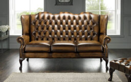 Chesterfield 3 Seater High Back Antique Gold Leather Sofa In Mallory Style - thumbnail 2