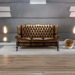 Chesterfield 3 Seater High Back Antique Gold Leather Sofa In Mallory Style - thumbnail 3