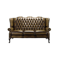 Chesterfield 3 Seater High Back Antique Gold Leather Sofa In Mallory Style - thumbnail 1
